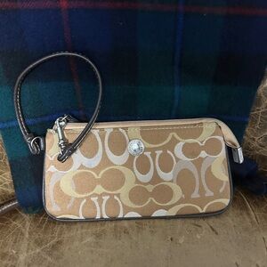 Coach Signature Tan and Brown Wristlet